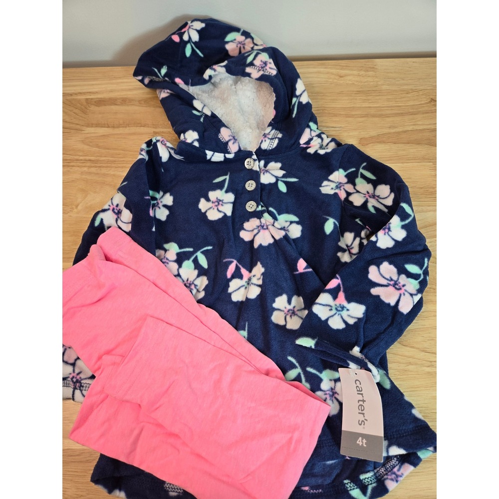 Carters Girls 4T Fleece Floral Hoodie Sherpa Lined and Pink Leggings Set 2pc NEW